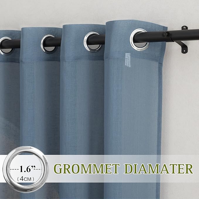 NICETOWN Flax Linen Sheer Curtains for Bedroom, Grommet Linen Blend Semi Sheer Vintage Curtains & Drapes Privacy with Light Filtering for Living Room, Stone Blue, 52" W x 72" L, Set of 2