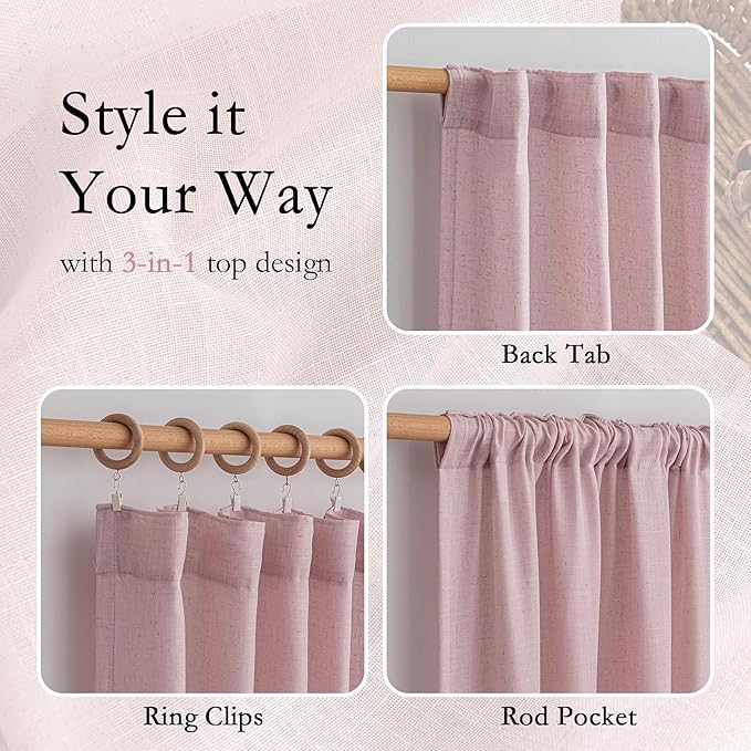 MYSKY HOME Extra Long Country Curtains for Sliding Glass Door Windows, Back Tab Semi Sheer Living Room Curtain Panels Ceiling to Floor Length Drapes Linen Texture Soft, 50 x 108 in, Pink, Set of 2
