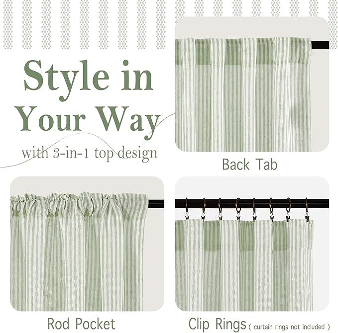 RYB HOME Linen Kitchen Striped Curtains for Cafe Bathroom Small Window, Short Pinstripe Drapes 36 inch Length Half Curtains for Living Room Boho Rustic Farmhouse, Sage Green, W26 x L36, 2 Panels