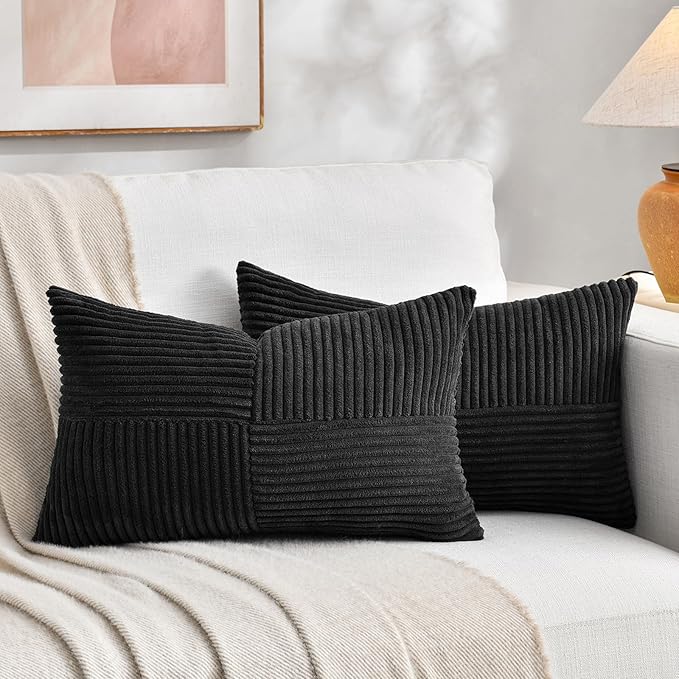Fancy Homi 2 Packs Black Lumbar Decorative Throw Pillow Covers 14x22 Inch for Living Room Couch Bed Sofa, Rustic Farmhouse Boho Home Decor, Soft Striped Corduroy Rectangle Accent Cushion Case 35x55 cm