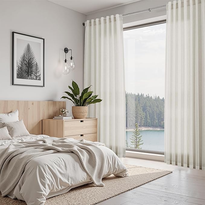 Nanspring Mousse White Linen Curtains 120 Inches Long for Living Room Light Filtering Semi Sheer Curtain Back Tab Coastal Decor Luxury Floor to Ceiling High Window for Bedroom 52x120, 2 Panels