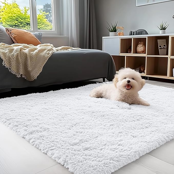 OLANLY 4x5 Machine Washable Accent Rug, Soft Fluffy Shaggy Area Rug for Bedroom, Living Room, Indoor Floor Carpet for Kids, Nursery, Home Decor, White