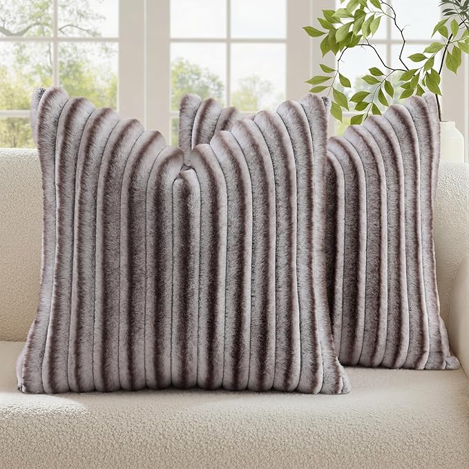 decorUhome Cozy Faux Fur Throw Pillow Covers 26x26 Set of 2 Decorative Soft Plush Striped Modern Farmhouse Boho Couch Euro Sham Pillow Cases with Velvet Back for Sofa Bed Living Room, Brown White