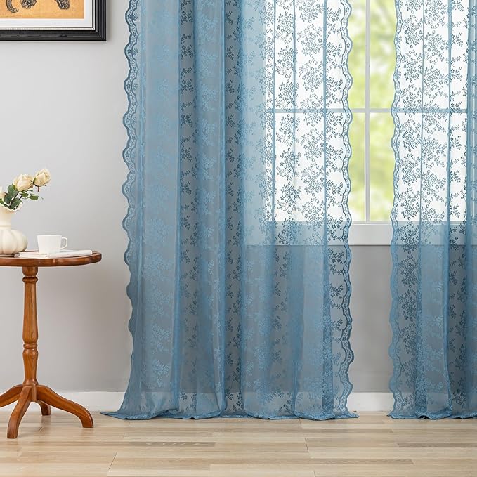 YJ YANJUN Vintage Lace Curtains 96 Inches Long-Victorian Floral Pattern Dusty Blue Sheer Curtain Panels for Living Room Bedroom Nautical Decor Provide Privacy 8FT W52 X L96 Stone Blue