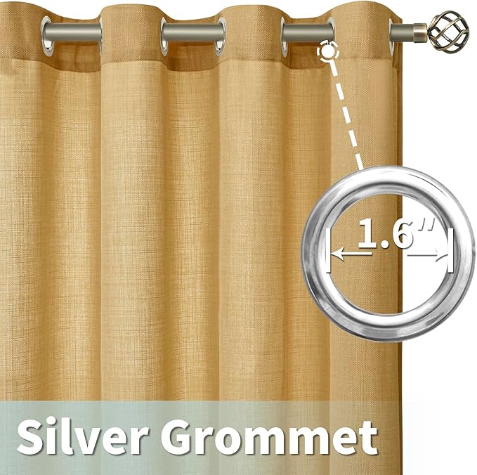 LAMIT Faux Linen Curtains for Bedroom, Grommet Thick Linen Drapes Light Filtering Privacy Sheer Window Burlap Curtains for Living Room, Set of 2 Panels (52 x 63 Inch, Caramel Brown)