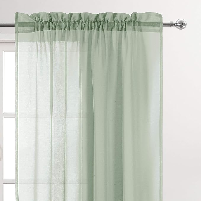 DWCN Bean Green Sheer Curtains Semi Transparent Voile Rod Pocket Curtains for Bedroom and Living Room, 42 x 54 inches Long, Set of 2 Panels