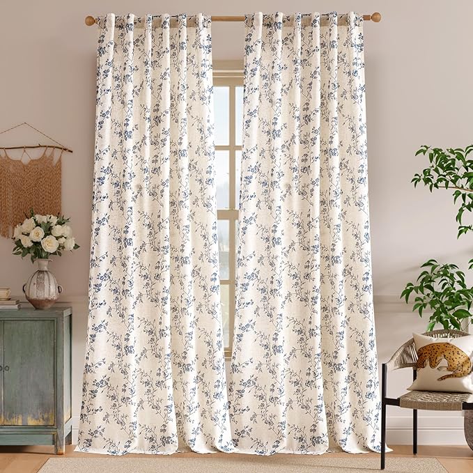 Lazzzy 90 Inch Length Curtain for Living Room Bedroom Blue Floral Drapes Linen Farmhouse Vintage Light Filtering Curtains Rod Pocket Back Tab, 2 Panels, Blue on Beige
