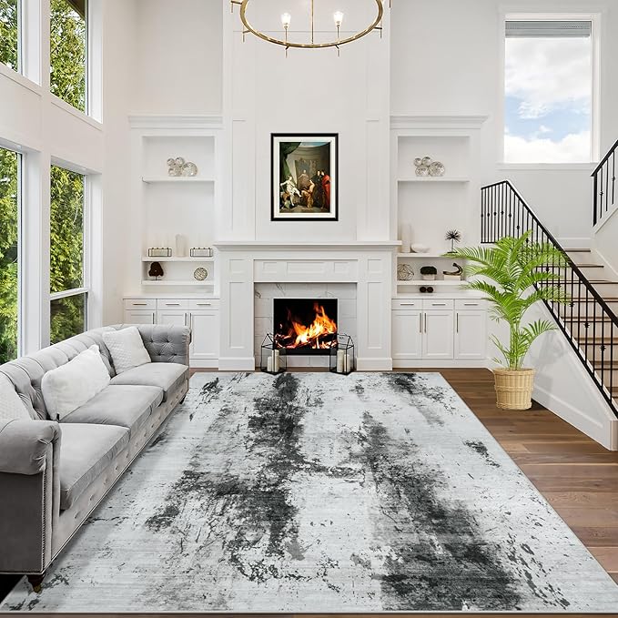 6x9 Area Rugs Washable Rug: Large Modern Abstract Living Room Rug Soft Anti-Skid Thin Carpet Indoor Floor Non-Shedding Carpets for Bedroom Dining Room Farmhouse Nursery Home Office Black White Grey