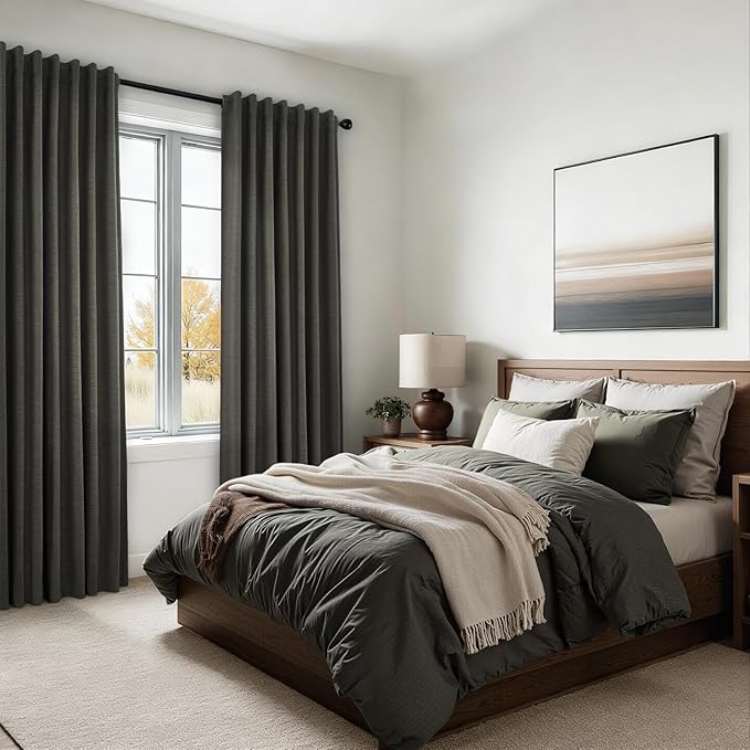 Topfinel 100% Blackout Linen Textured Curtains 84 inches Long Charcoal Gray Thermal Insulating Privacy Energy Saving for Bedroom Living Room Window Office Theater Baby Nursery Back Tab 2 Panels