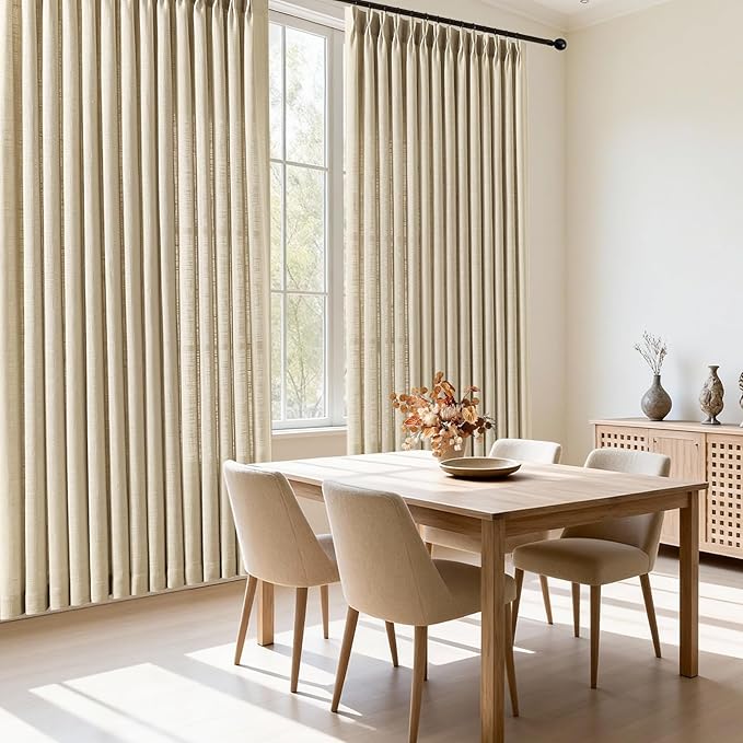 IVAPUPU 70 Inch Extra Width Pinch Pleated Curtains for Living Room, Pleated Linen Sheer Curtains Light Filtering Privacy Hooks Rings Back Tab Drapes for Sliding Door, 1 Panel, 70Wx84L, Sand Beige