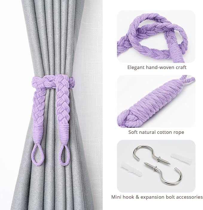 NICEEC 4 Pack Natural Cotton Rope Curtain Tiebacks Elegant Boho Style Decorative Drape Tie Backs Soft Hand-Woven Rope Curtain Holdbacks with Metal Hook for Home & Office Drapery (Purple)