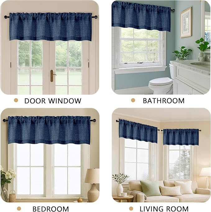 OVZME Navy Blue Valance for Windows, Light Filtering Faux Linen Textured Small Short Valance Kitchen Curtain, Dual Rod Pocket Top Short Window Curtain for Bathroom Basement Farmhouse, 1 Piece, 60Wx12L