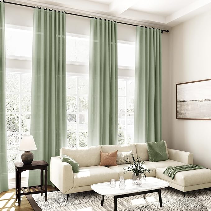 Light Sage Linen Curtains 108 Inches Long for Living Room 2 Panels Set Extra Long Back Tab Curtain Semi Sheer Light Filtering Sage Green Drapes Floor to Ceiling Drapes for Large Windows 52x108