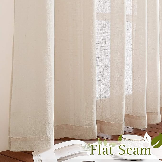 NICETOWN Semi Sheer Beige Curtains 84 inches Long, Grommet Linen Weave Vertical Drapes Semi Sheer Privacy with Light Filtering for Living Room/Bedroom, W36 x L84, 2 Panels