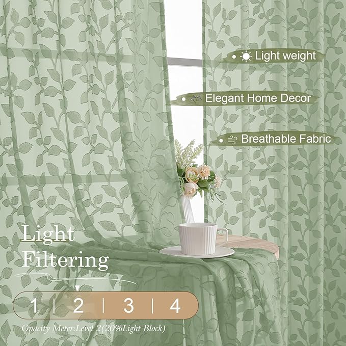 Chyhomenyc Sage Green Sheer Curtains 63 Inch Length 2 Panels Set, Light Filtering Tufted Textured Soft Airy Rod Pocket Beautiful Leaf Window Treatment Drapes for Bedroom Living Room, 42" Wx63 L, 2PCS