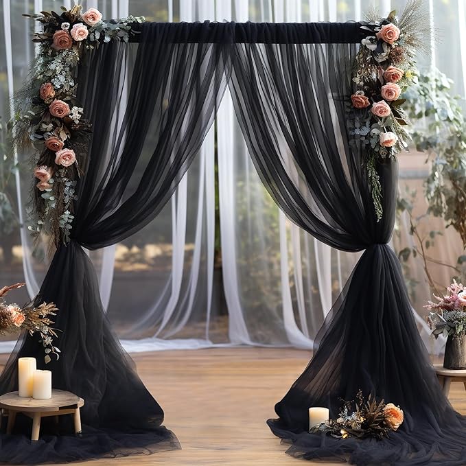 20ft x 15ft Black Tulle Backdrop Curtain for Parties Sheer Fabric Backdrop Curtains for Baby Shower Birthday Party Back Drop Wedding Graduation Photo Backdrop Drapes Background 4 Panels 5ft x 15ft