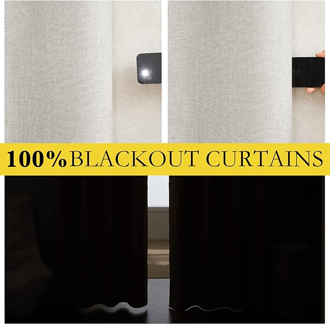 NICETOWN 100% Blackout Linen Texture Curtains 80 inches Long, Ivory, 2 Pcs, Thermal Insulated Full Blackout 2-Layer Lined Drapes, Energy Efficiency Window Draperies for Boy's Room