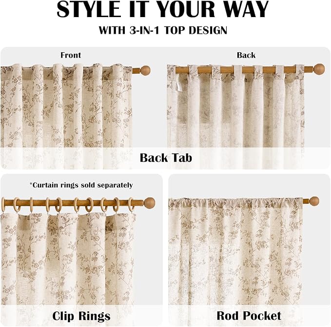 Lazzzy Taupe Floral Linen Curtains 84 Inch Farmhouse Back Tab Drapes for Living Room Bedroom Light Filtering Vintage Grandmillennial Rod Pocket Curtains, 2 Panels, W38 x L84, Taupe on Beige