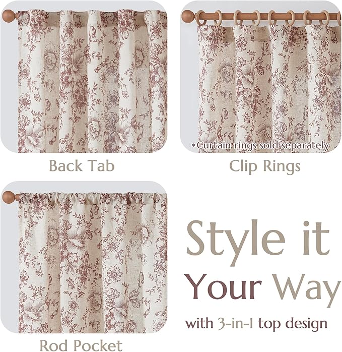 jinchan Linen Blend Curtain Floral Curtains for Living Room 96 Inch Length Farmhouse Brick Red Printed Curtain Rod Pocket Back Tab Peony Flower Patterned Drapes Curtains Set 2 Panels