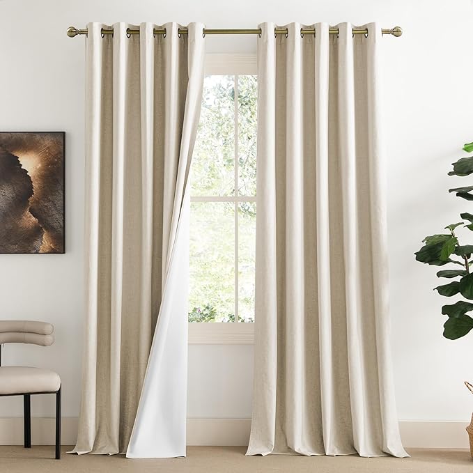 NICETOWN 100% Absolutely Blackout Linen Curtains with Thermal Insulated White Liner, Beige, W62, 2 Pieces, Noise Reducing Textured Linen Look Curtains for Windows 95 inch Length for Classroom