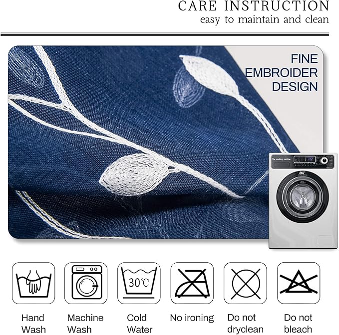 AmHoo 2 Panels Embroidered Leaf Pattern Semi Sheer Curtains Foliage Floral Voile Window Draperies Treatment for Bedroom Living Room Rod Pocket Navy Blue 53 x 95 Inch