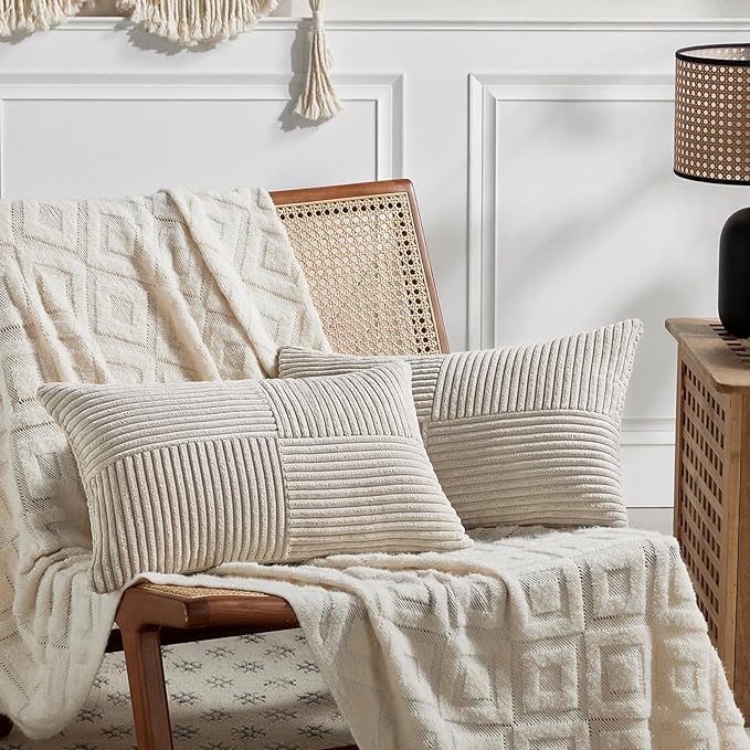 Fancy Homi 2 Packs Neutral Taupe Lumbar Decorative Throw Pillow Covers 16x28 Inch for Living Room Couch Bed Sofa, Farmhouse Home Decor, Soft Striped Corduroy Rectangle Accent Cushion Case 40x70 cm