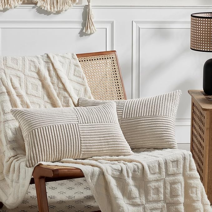 Fancy Homi 2 Packs Neutral Taupe Lumbar Decorative Throw Pillow Covers 20x28 Inch for Living Room Couch Bed Sofa, Farmhouse Home Decor, Soft Striped Corduroy Rectangle Accent Cushion Case 50x70 cm