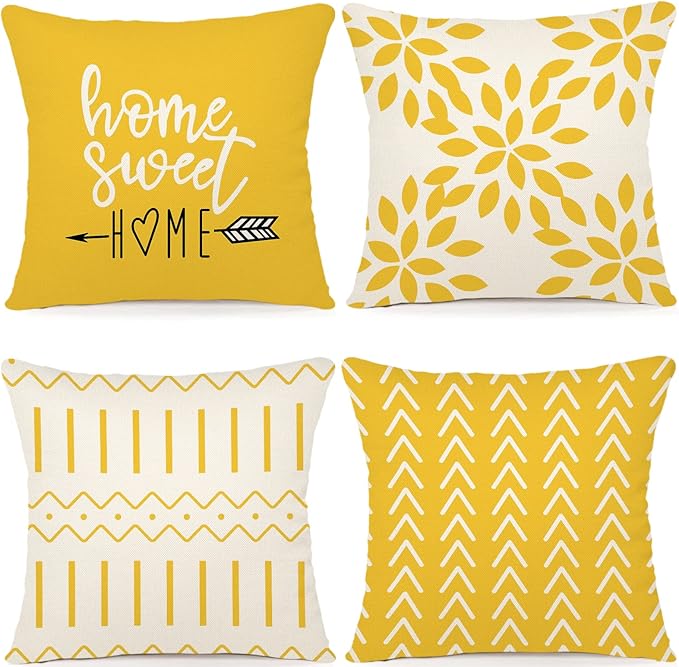 YCOLL Pillow Covers 20x20 Set of 4, Modern Sofa Throw Pillow Cover, Decorative Outdoor Linen Pillow Covers Set of 4 for Couch Sofa Bed and Car, Yellow