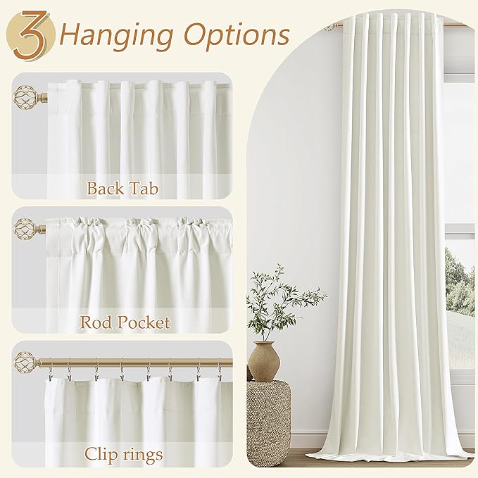Guken 100% Blackout Linen Curtains 98 Inch Wide by 52 Inch 2 Panels Set for Living Room Bedroom Back Tab Thermal Insulated Black Out Linen Drapes Room Darkening Window Curtains, Ivory