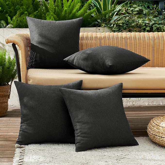 MIULEE Pack of 4 Decorative Outdoor Throw Pillow Covers Linen Waterproof Pillow Covers Farmhouse Cushion Cases for Patio Garden Tent Balcony Couch Sofa 18x18 inch Black