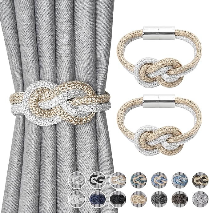 NICEEC 2 Pack Mini Magnetic Curtain Tiebacks Nordic Simple Style Drape Tie Backs Elegant Hand Weave Rope Knot Decorative Curtain Holdbacks for Home & Office Thin Window Drapery (Beige & White)