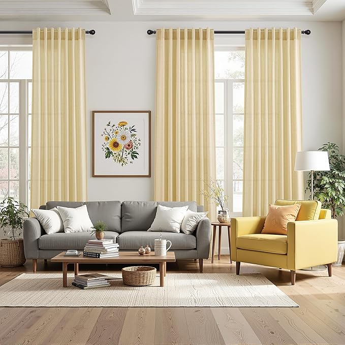 Nanspring Cream Yellow Linen Curtains 84 Inch Length for Living Room Modern Farmhouse Light Filtering Sheer Curtain Back Tab and Rod Pocket Privacy Drapes for Bedroom Office 52x84, 2 Panels