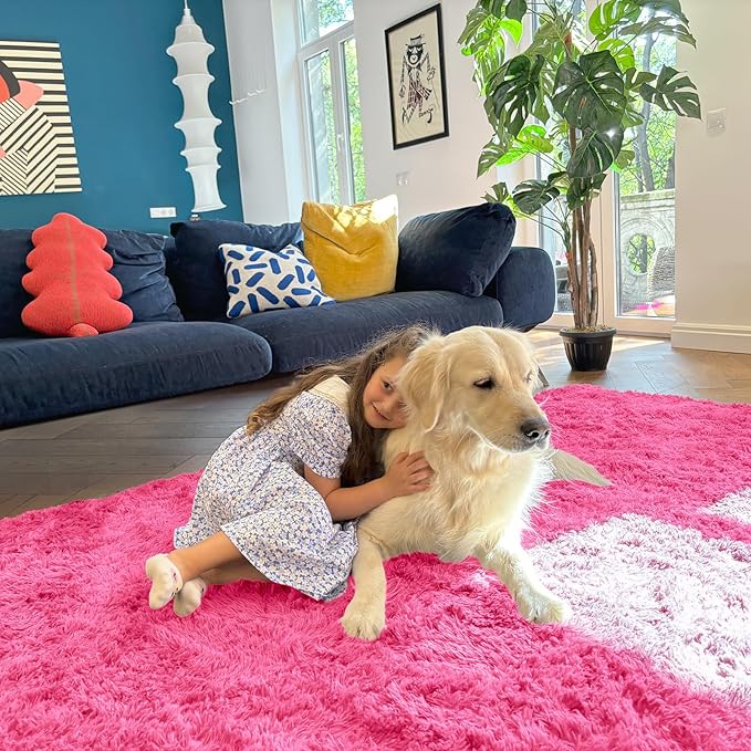 OLANLY 2x5 Machine Washable Runner Rugs for Hallway, Soft Fluffy Shaggy Bedside Rugs for Bedroom, Living Room, Indoor Floor Carpet for Kids Girls Boys, Nursery Rooms, Home Decor Aesthetic, Hot Pink