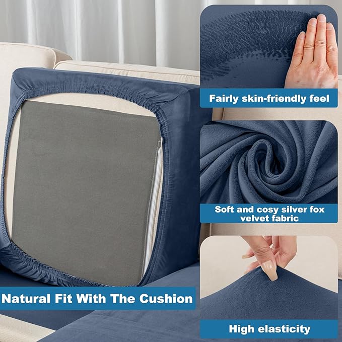 Couch Cover 6-Piece Elastic Velvet Couch Cushion Covers & Chaise Slipcovers for L-Shaped Sofas, Sofa Seat Covers Washable, Soft Cover for Couches (5 Seater + Chaise, Berlin Blue)