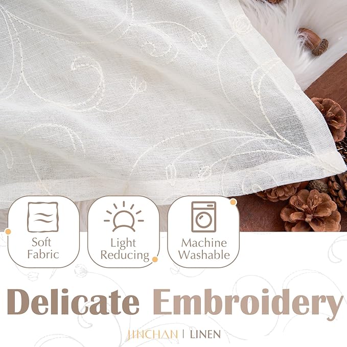 jinchan Linen Valance for Window Embroidered Farmhouse Light Filtering Voile Valance for Living Room Kitchen Beige Cottage Rustic Double Layer Curtain 16 Inch 1 Panel Crude