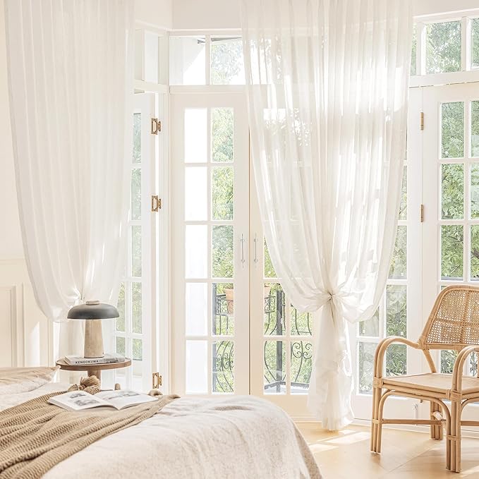 FMFUNCTEX Linen Sheer Curtains for Bedroom, Beige Curtains 45 inches Long for Living Room, Natural Flax Blend Window Draperies for Farmhouse Curtain, Rod Pocket 2 Panels
