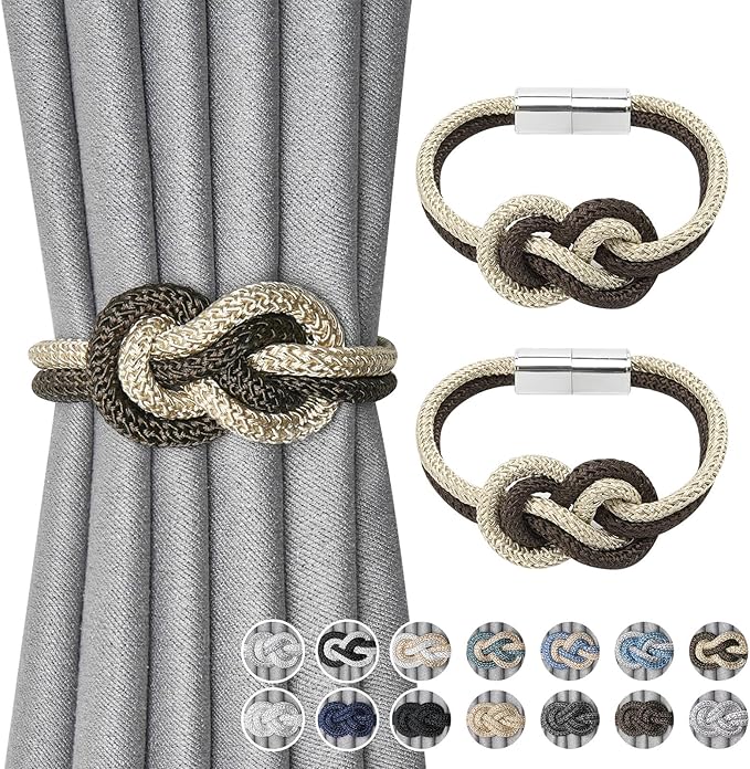 NICEEC 2 Pack Mini Magnetic Curtain Tiebacks Nordic Simple Style Drape Tie Backs Elegant Hand Weave Rope Knot Decorative Curtain Holdbacks for Home & Office Thin Window Drapery (Coffee & Beige)