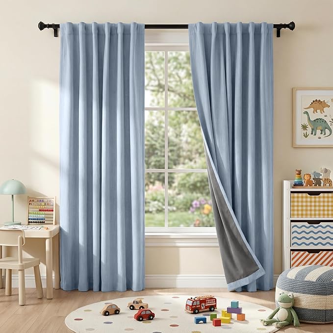 RYB HOME Linen Texture Curtains for Bedroom, 100% Blackout Thermal Insulated Curtains, Rod Pocket&Back Tab Room Darkening Drapes Luxury Decor for LivingRoom/Nursery, W52xL84, 2 Panels, Smoky Blue