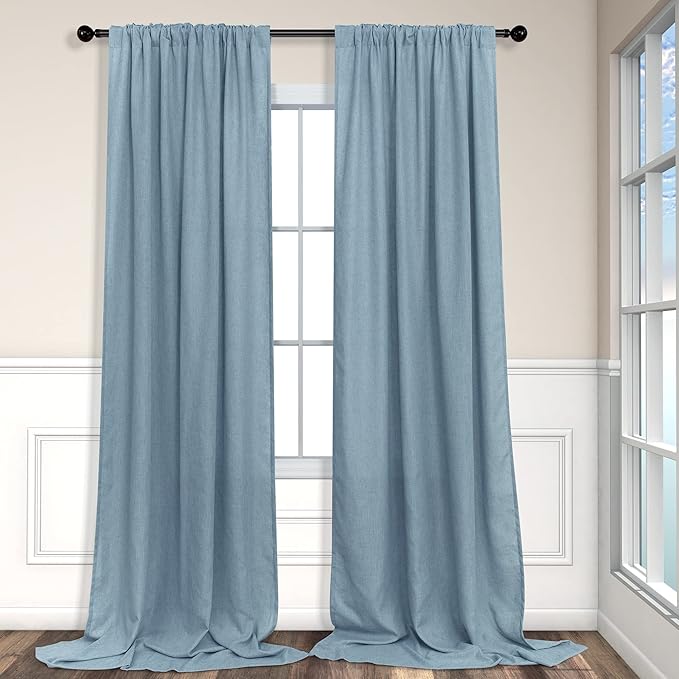 Blue Grey Curtains 96 Inches Long for Living Room Pair 2 Panel Set Back Tab Pocket Floor Length Drape Flax Linen Semi Sheer Vintage Light Blue Curtains for Dining Room Bay Window Country Farmhouse 8FT