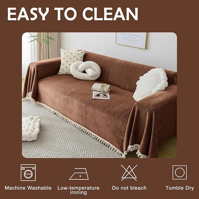 HANDONTIME Boho Style Sofa Cover with Tassels, Washable & Non-Slip Couch Cover for 3 Cushion Sofa, Herringbone Pattern Pet-Friendly Sofa Slipcover, Chocolate Color, 91"x134", Living Room Decor