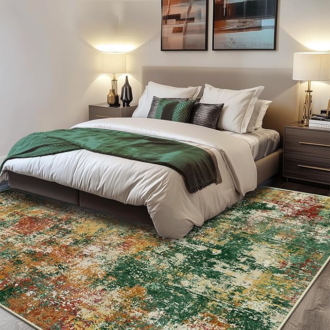 Washable Area Rugs 5'x7' Non-Slip Modern Abstract Soft for Living Room Entryway Bedroom Nursery, Print Pattern, Green Orange Rust Red Cream Colorful