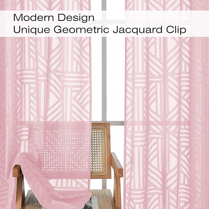 Simplebrand Blush Semi Sheer Curtains 84 Inches Long 2 Panels, Light Filtering Geometric Jacquard Clip Textured Sheer Curtains for Living Room，Modern Elegant Window Curtains Drapes，42x84 inch