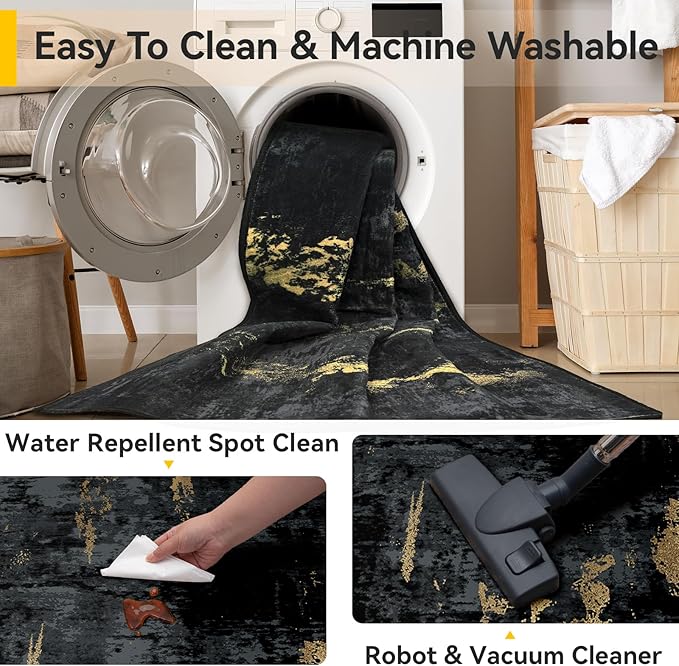 Washable Area Rugs 3'x5' Non-Slip Modern Abstract Soft for Living Room Entryway Bedroom Nursery, Print Pattern, Dark Black Gold