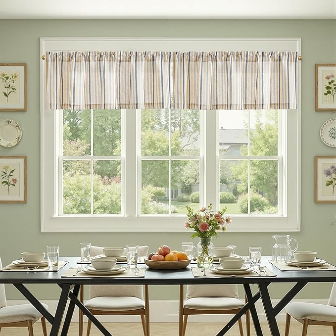 jinchan Valance Curtain Linen Textured Striped Window Curtain for Living Room Light Filtering Farmhouse Valance for Kitchen Rod Pocket 1 Panel 16 Inch Multi Blue on Linen 1 Panel