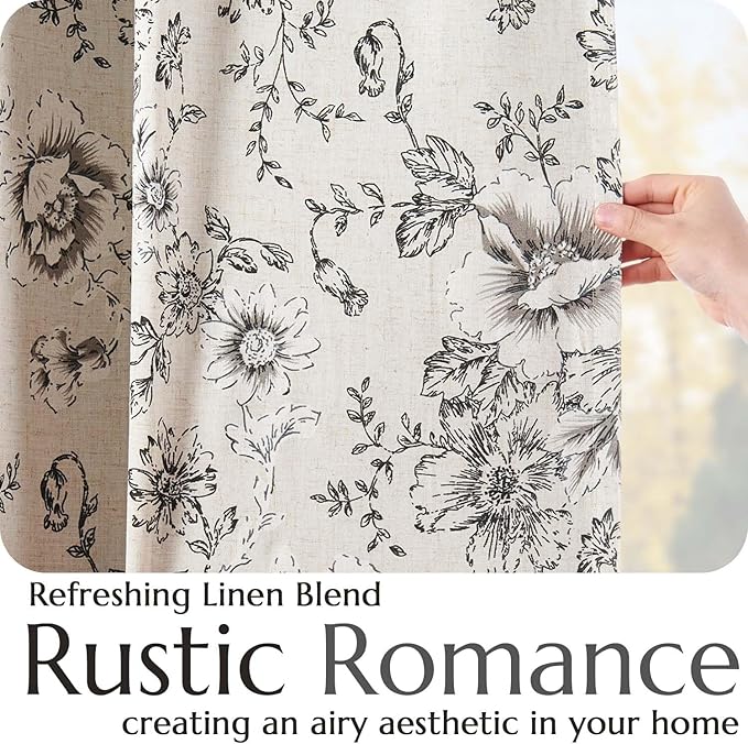 jinchan Blackout Floral Curtains for Living Room Bedroom Linen Blend Curtain Farmhouse Black Printed with Lined Back Tab Rod Pocket Drapes Window Treatments 2 Panels 72 Inch