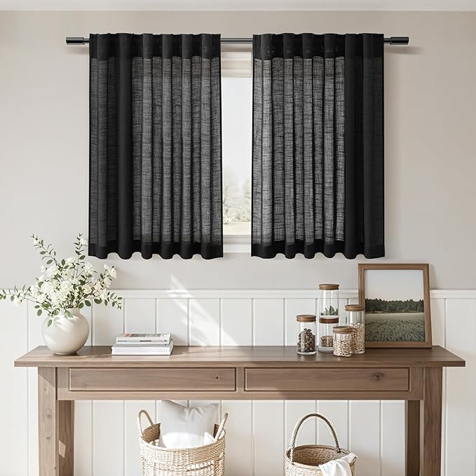 Nanspring Black Linen Curtains 30 Inch Length Short Kitchen,Privacy Linen Blend Light Filtering Panels Back Tab and Rod Pocket Cafe Drapes for Half Window 26 x 30 Inch,2 Panels