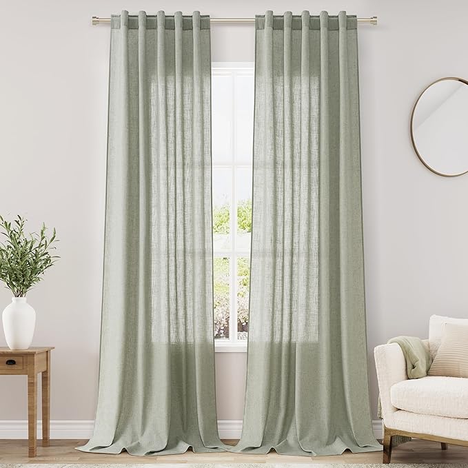 Sage Green Linen Textured 96 Inch Curtains 2 Panel Set Back Tab Rod Pocket Sheer Pleated Boho Room Decor Aesthetic Curtains Pale Green Burlap Look Curtain Drapes for Living Room Bedroom 8Ft 40x96
