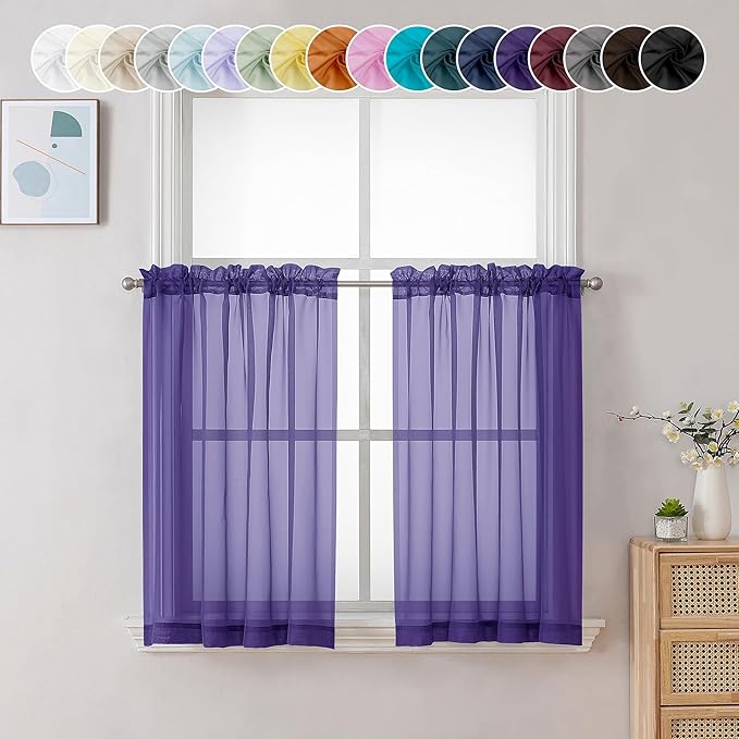 Chyhomenyc Sheer Curtains 36 inch Length 2 Panels, Light Filtering Voile Rod Pocket Short Window Sheer Curtians for Bathroom Living Room, 2PCS, Purple