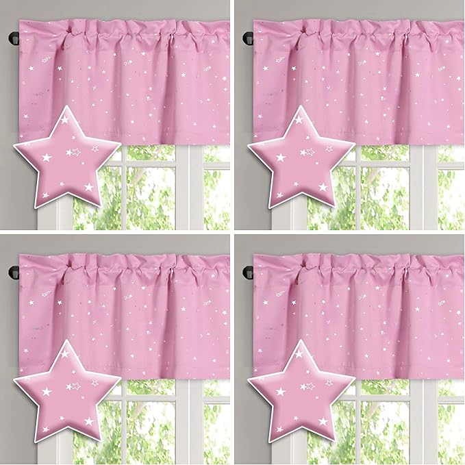 H.VERSAILTEX Blackout Curtain Valances for Kitchen Window/Living Room/Bathroom Privacy Added Rod Pocket Home Decoration Winow Valance, 52" W x 18" L, Glitter Stars in Pink Base (Pack of 4)