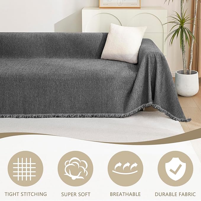 MYSKY HOME Loveseat Cover Charcoal Gray Couch Cover Sectional Couch Covers for 2 Cushion Couch Sofa Thick Universal Chenille Sofa Cover with Tassel Durable Furniture Protector for Dogs 91" x 118"